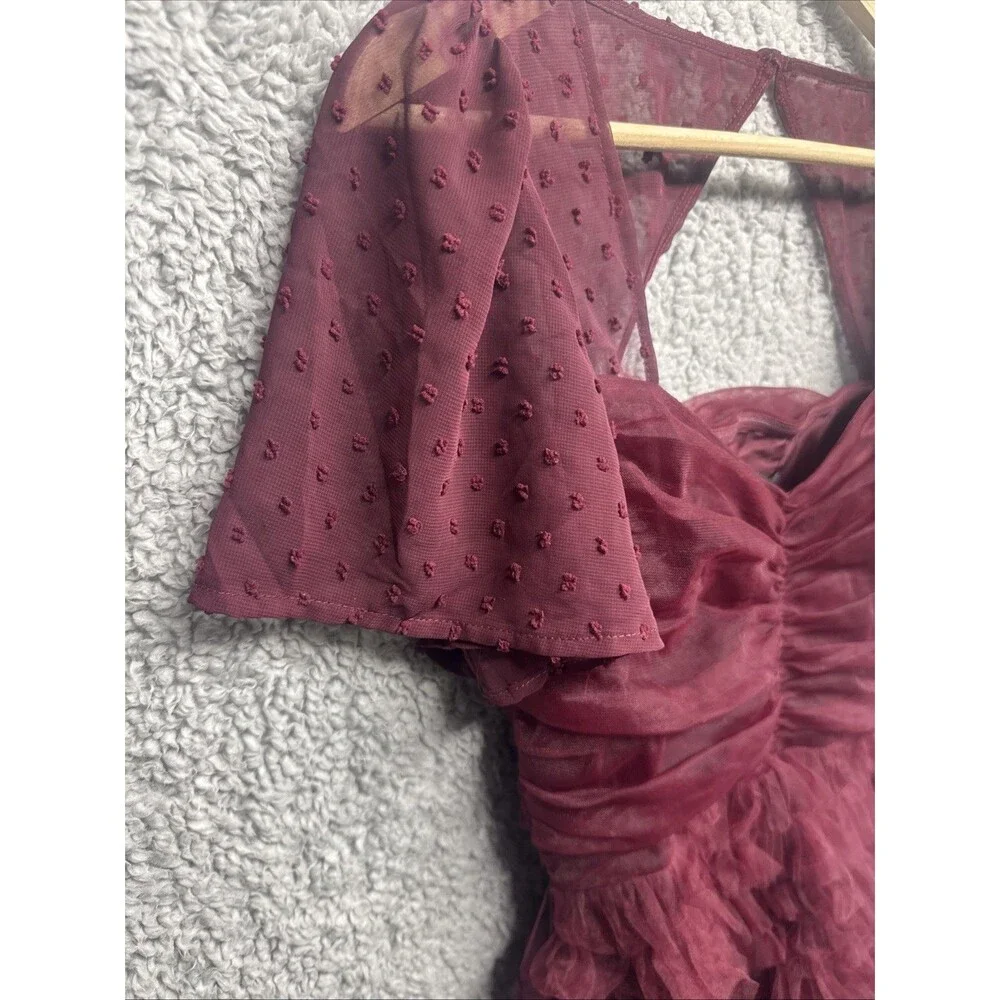 LULUS Elegant Red Wine Cocktail Dress Size S Dot Tullie Ruffles NWT - Picture 5 of 11